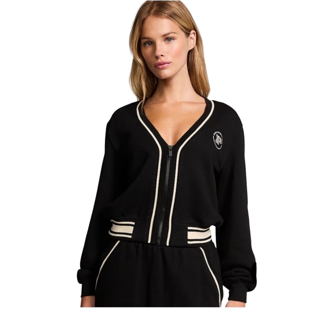 VS PINK Ivy Fleece Zip Up Cardigan Long Sleeve Logo Sports Club Crop Black M